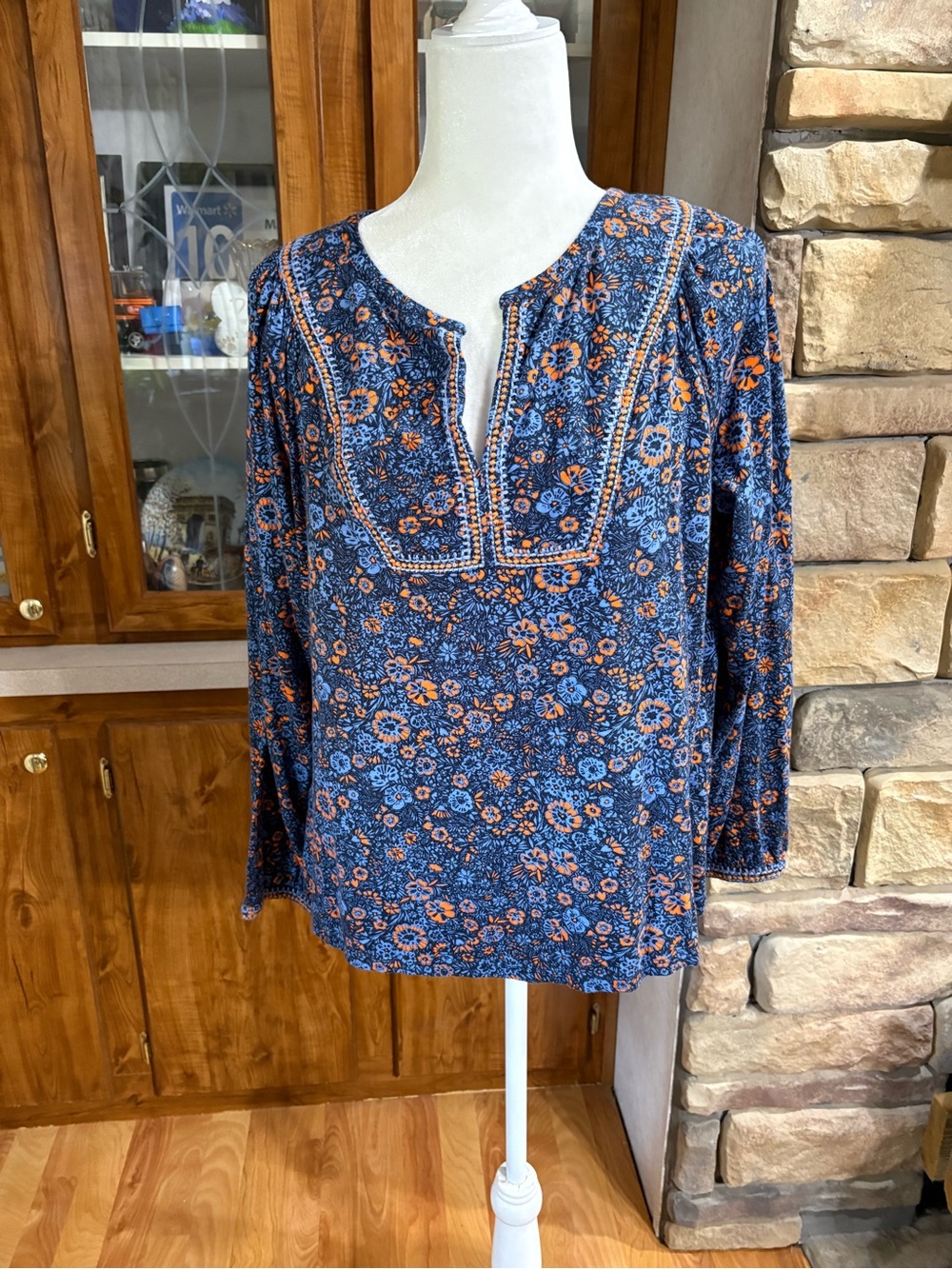 J.Jill size medium blue long sleeve v/neck blouse with orange & blue embroidery